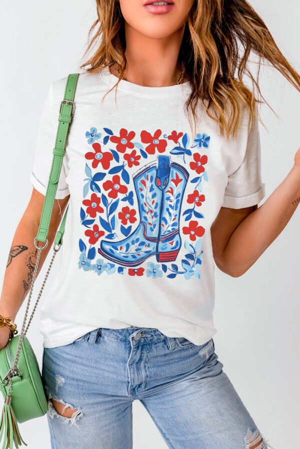 White Floral Western Boots Printed Cotton Blend T Shirt
