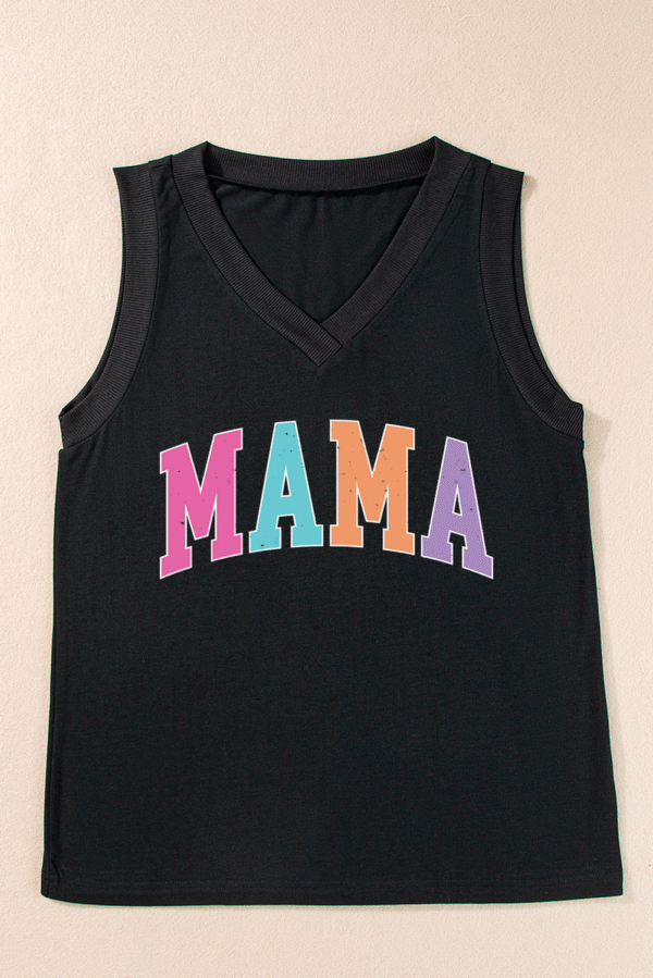 Black MAMA V Neck Loose Fit Tank Top