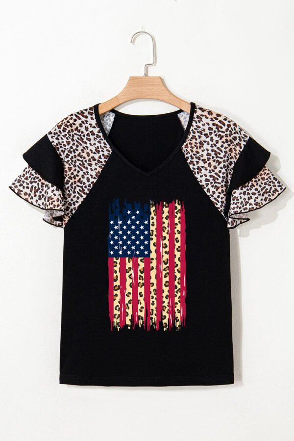Black Leopard Patchwork Frayed USA Flag Print Ruffle Short Sleeve V Neck Tee