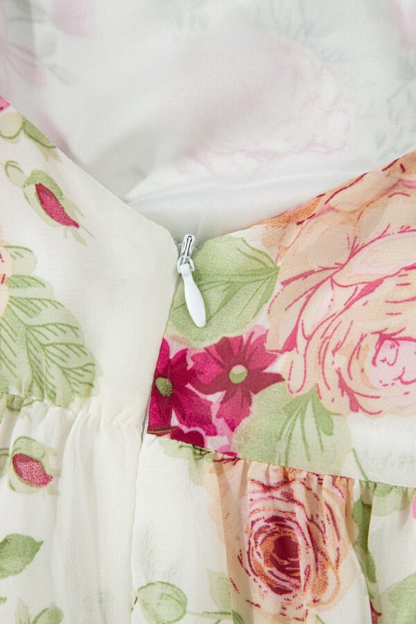White Vibrant Floral Bubble Sleeve Sweetheart Neck Ruffle Mini Dress