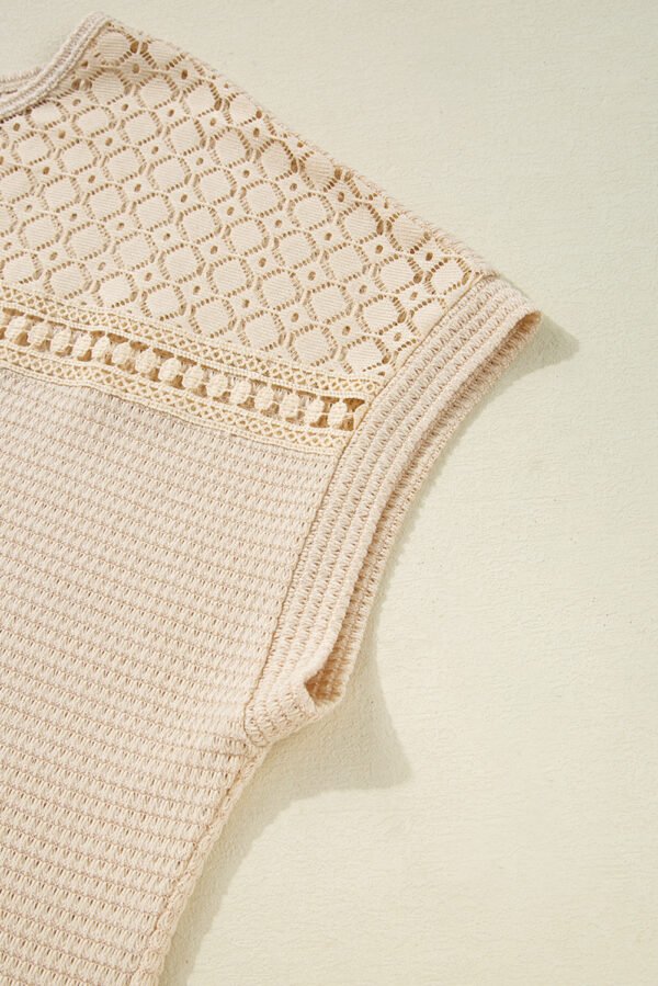 Oatmeal Lace Patchwork Waffle Short Sleeve Plus Size Top