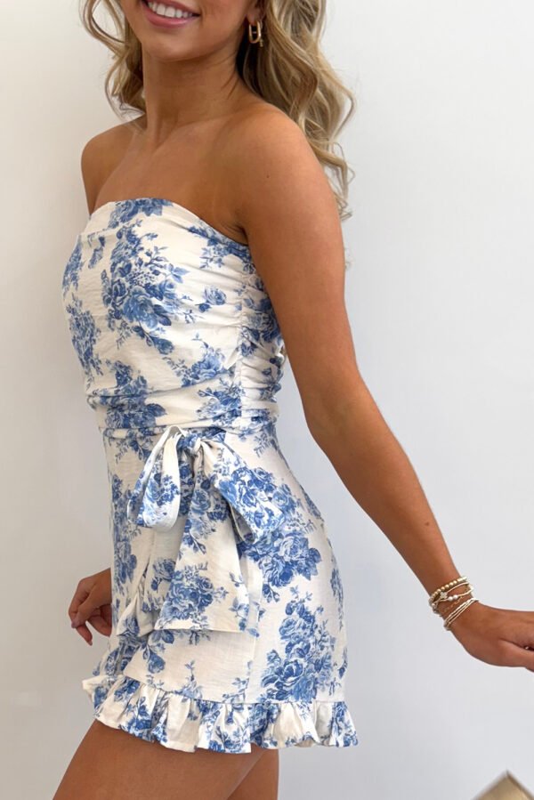 Sky Blue Floral Print Strapless Zipped Back Knot Waist Ruffled Romper