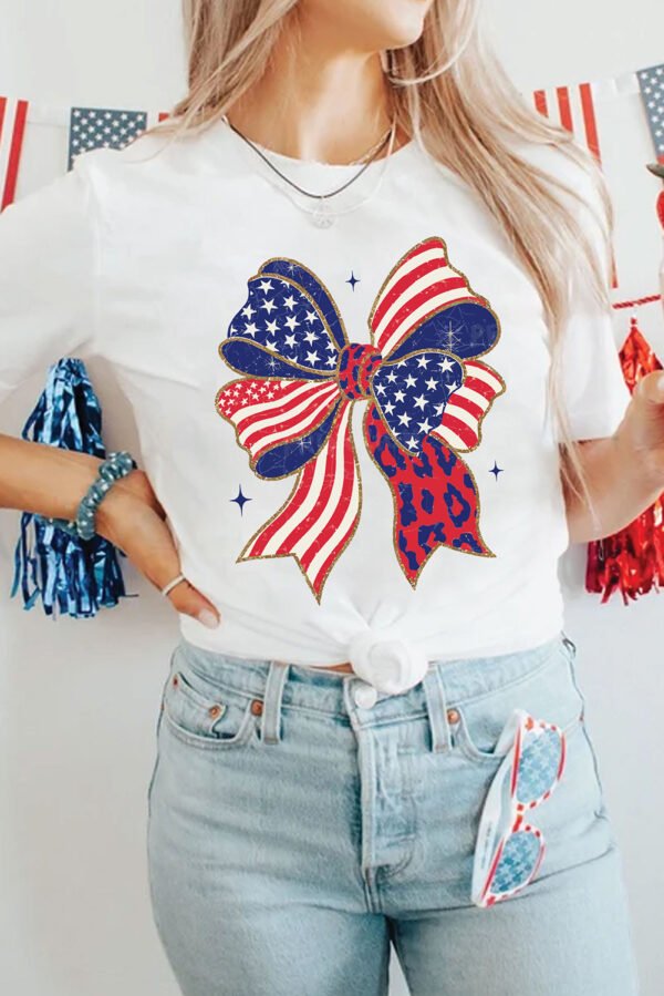 White Stars and Stripes Bow Print 4th of July T Shirt