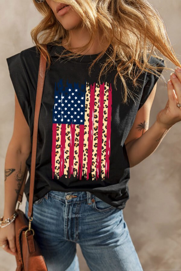 Black Leopard US Flag Printed Sleeveless Cotton Top