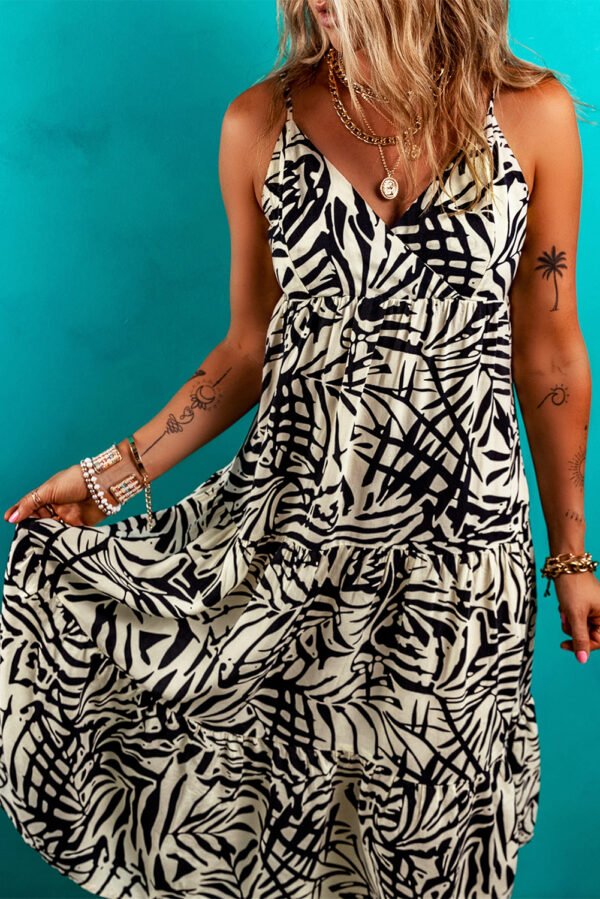 Khaki Tropical Palm Print Wrapped V Neck Spaghetti Straps Tiered Dress