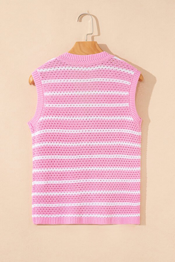 Pink Stripe V Neck Gold Buttons Elegant Sweater Vest