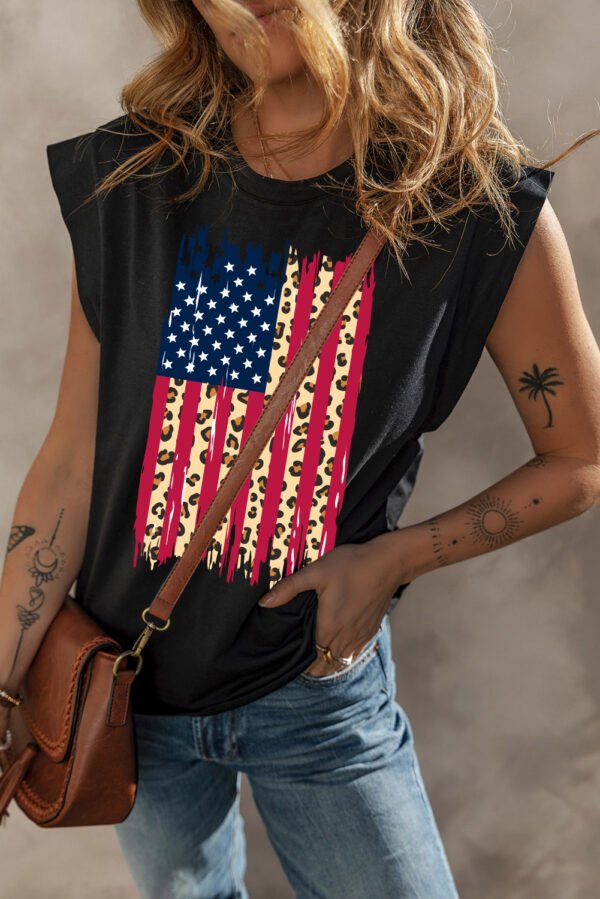 Black Leopard US Flag Printed Sleeveless Cotton Top