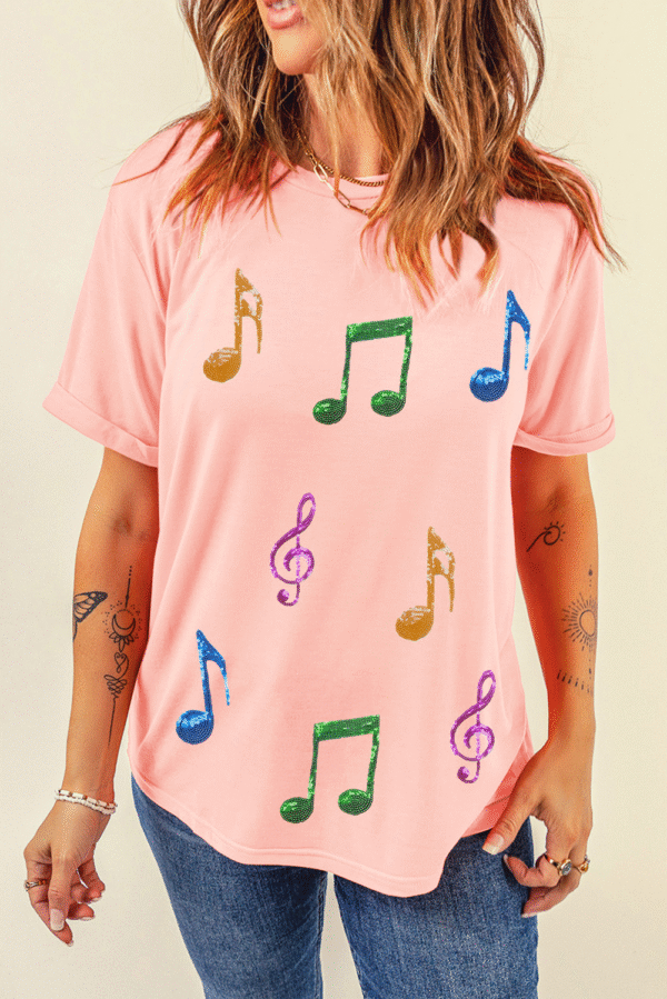 Pink Music Notes Patched Graphic Casual T Shirt