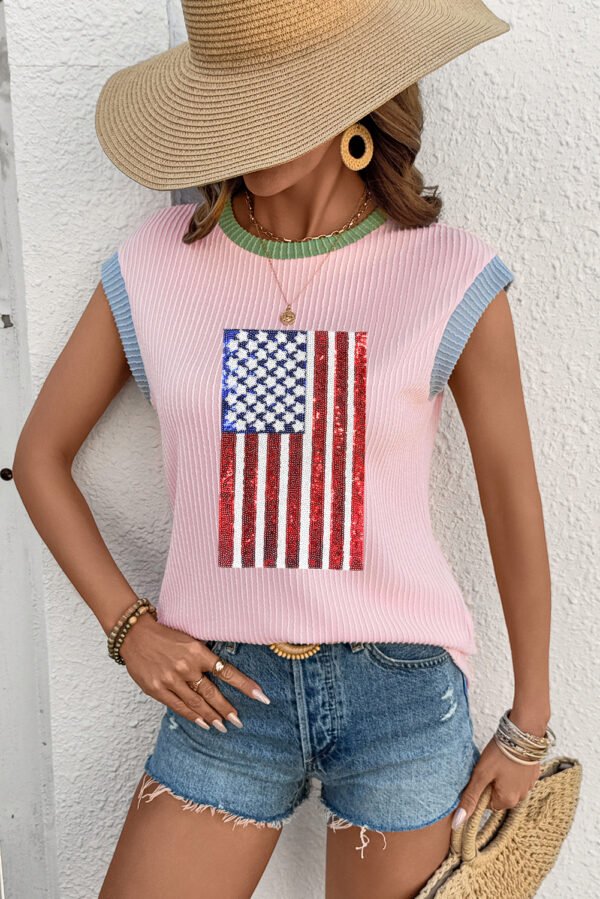 Pink Colorblock Edge Twisted Rib Texture Sequin American Flag Casual T Shirt