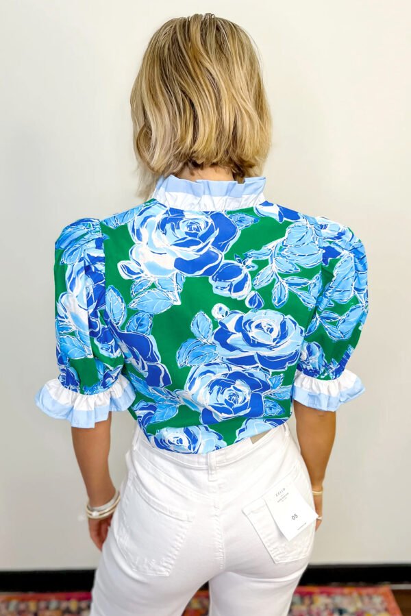 Bright Green Floral Frilled V Neck Short Sleeve Blouse Top