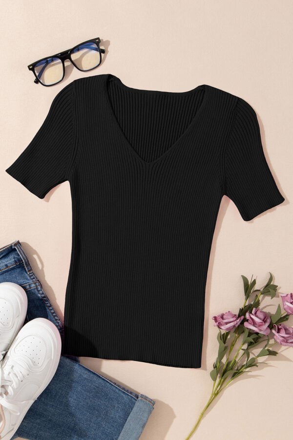Black V Neck Ribbed Knit Lightweight Short Sleeve Sweater