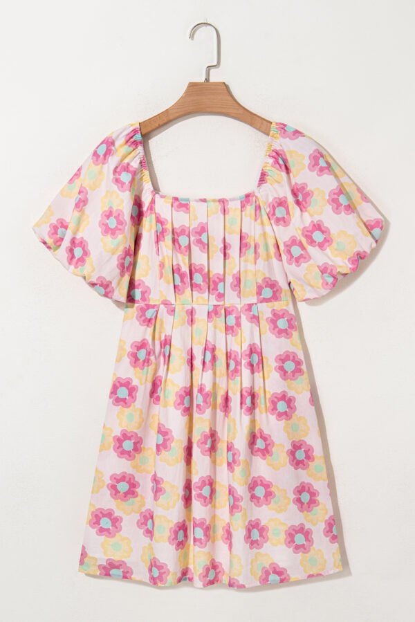 Rose Vibrant Floral Square Neck Puff Sleeve Pleated Flared Midi Dress