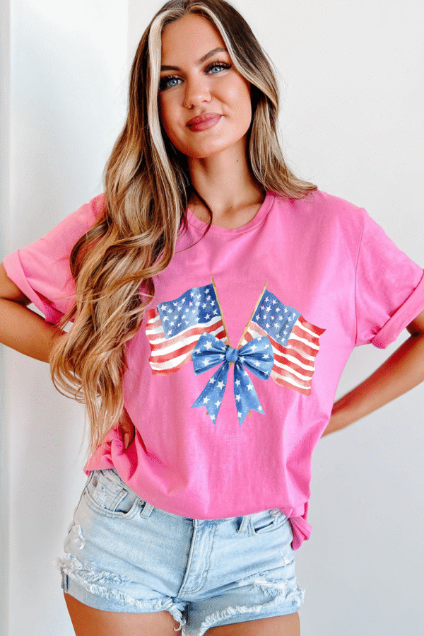 Sachet Pink Dual American Flag Bow Printed Casual T Shirt