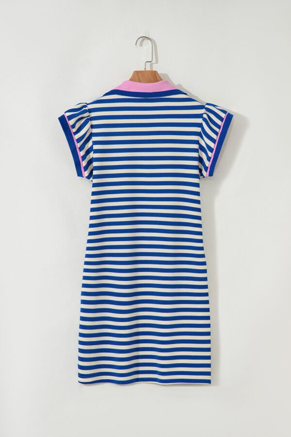 Dark Blue Stripe Print Contrast Collar Split Neck Flutter Sleeve Short Dress