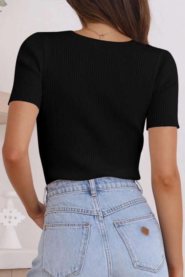 Black V Neck Ribbed Knit Lightweight Short Sleeve Sweater