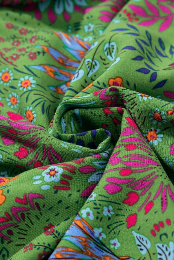 Green Floral Tie Split Neck Frilly Ruffle Trim Tiered Short Dress