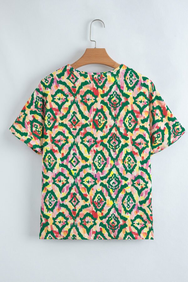 Green Abstract Print V Neck Short Sleeve Blouse
