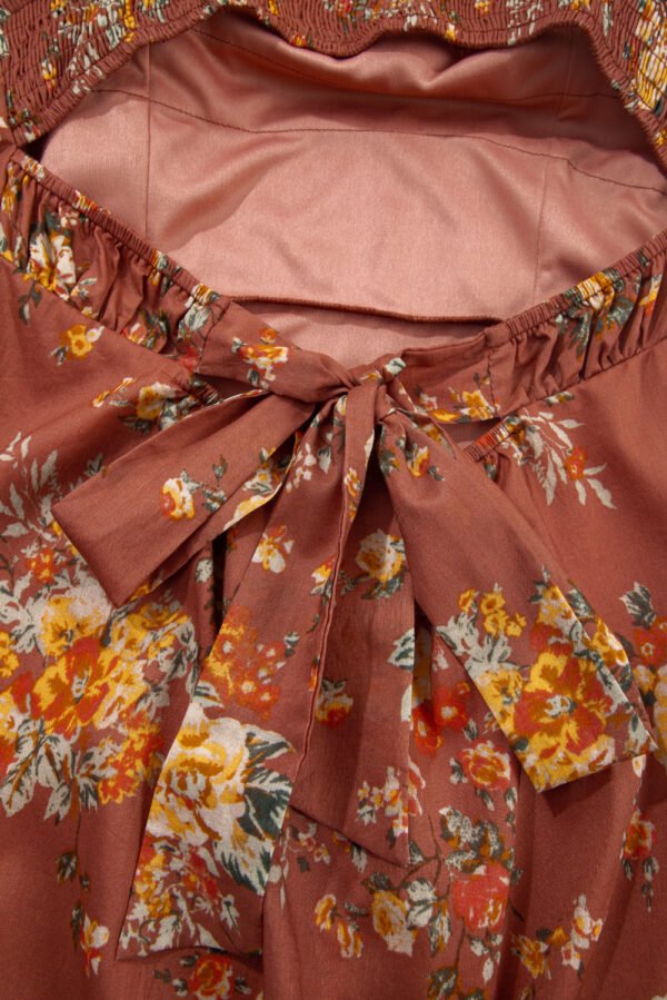 Red Floral Puff Sleeve Square Neck Knot Open Back Mini Dress
