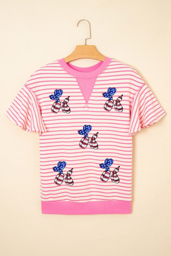 Sachet Pink Striped Sequin USA Flag Inspire Balloon Dog Patched  Ruffled Short Sleeve Top