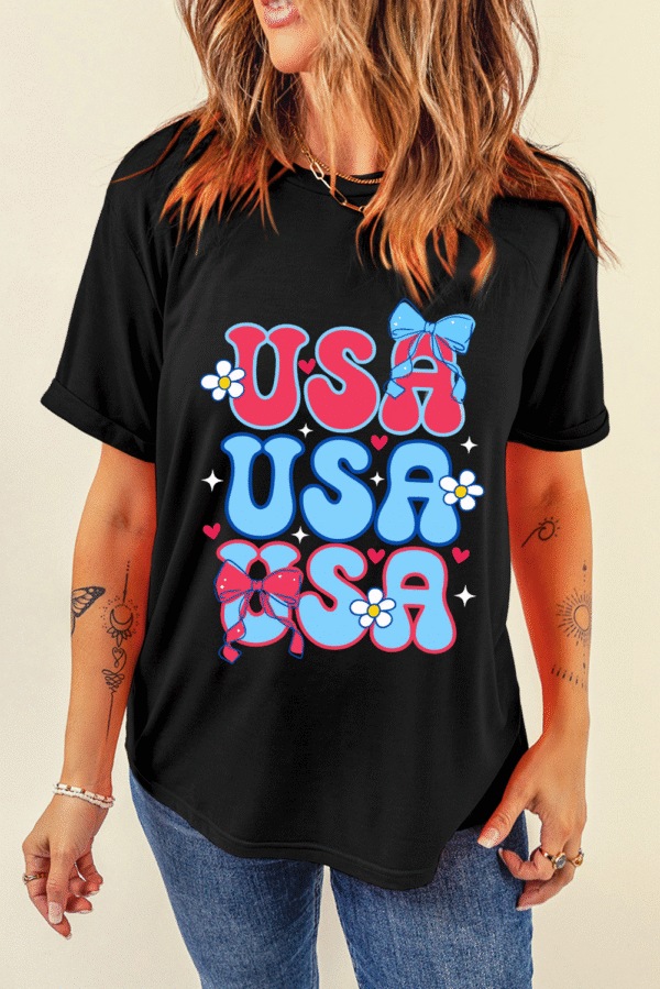 Black July 4th Cute Flower Bow USA Letter Graphic Tee