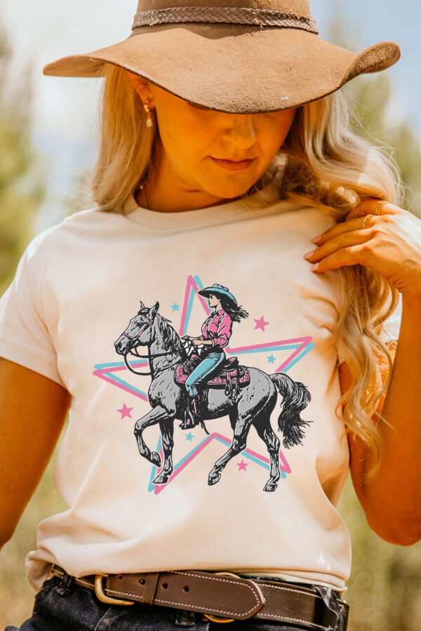 White Star Cowgirl Graphic Round Neck T Shirt