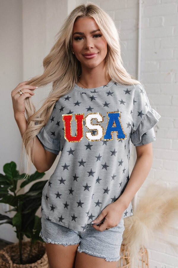 Gray USA Letter Patched Star Printed Ruffle Trim Sleeves Loose Tee