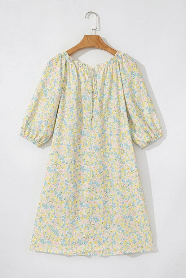 Green Floral Half Sleeve Frilled U Neck A-line Short Dress