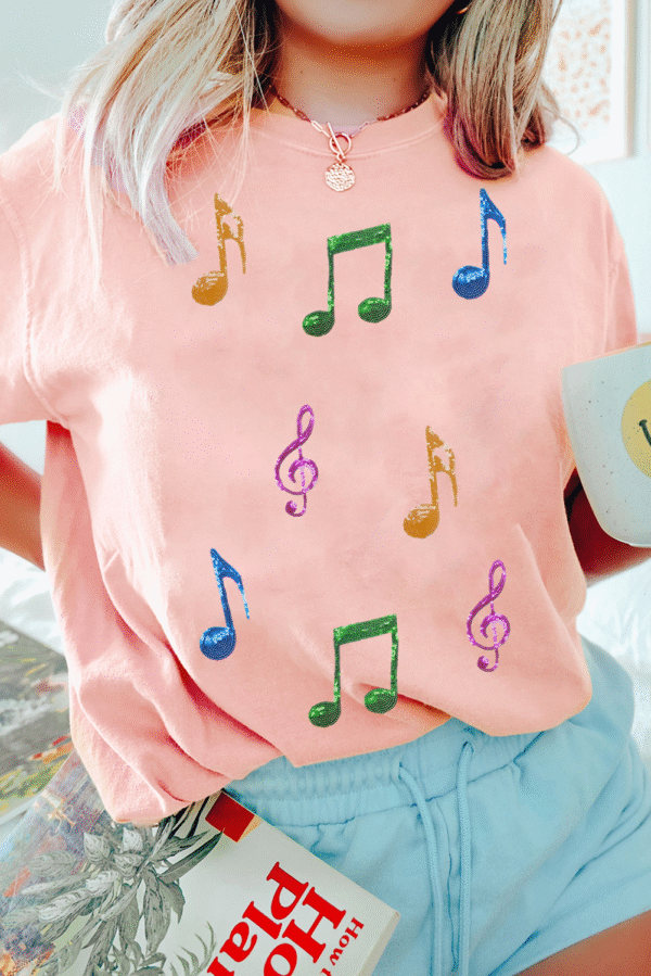 Pink Music Notes Patched Graphic Casual T Shirt