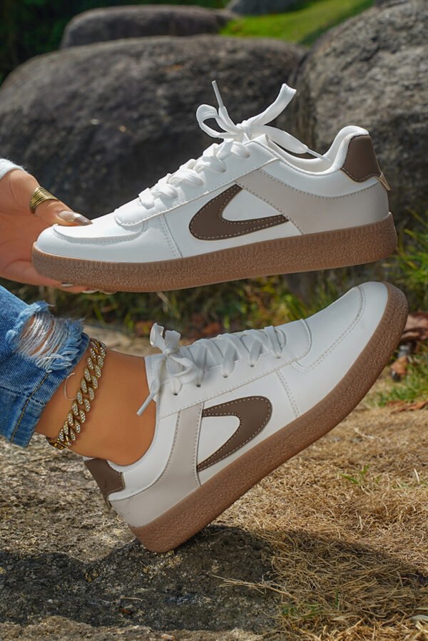 Coffee Color Contrast PU Leather Lace-up Sneakers