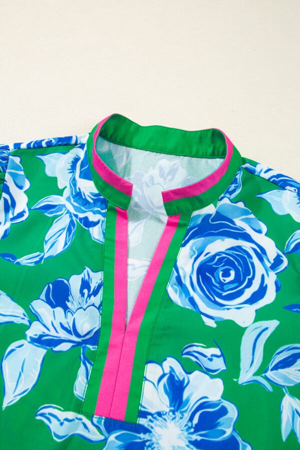 Green Floral Print Short Puff Sleeve Plus Size Top