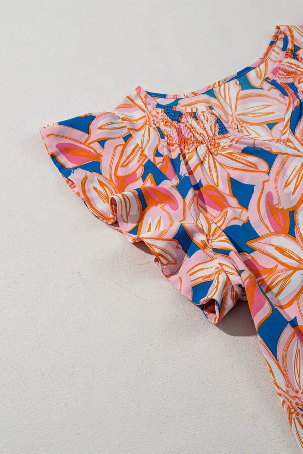 Orange Summer Flower Print Notched Neck Ruffle Sleeve Blouse