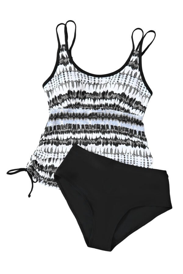 Black Printed Double Straps Printed Tankini Top with Shorts 2pcs Swimsuit