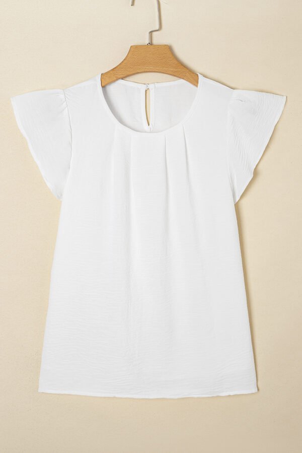 White Flounce Sleeve Pleated Textured Blouse