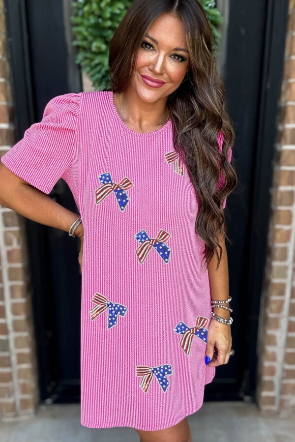 Bright Pink Flag Pattern Inspired Sequin Bow Spiral Ribbed Puff Sleeve T Shirt Dress