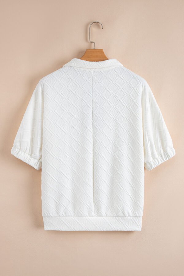 White Contrast Striped Collar Patchwork Textured Half Sleeve Blouse