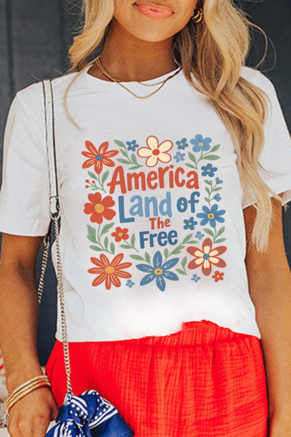 White America Land of The Free Flower Graphic Crewneck T Shirt