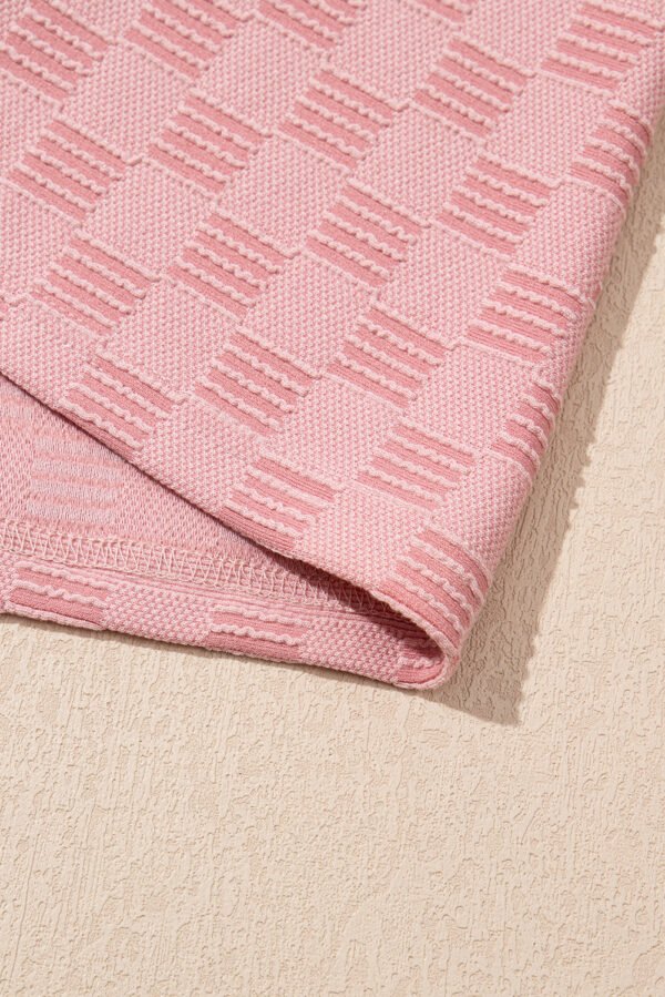 Apricot Pink Checkered Textured Round Neck T-shirt