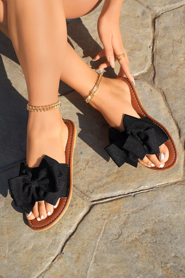 Black Bow Knot Decor PU Leather Insole Flat Slippers