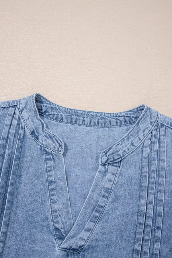 Myosotis Pintuck Pleats Puff Sleeve Split V Neck Summer Denim Top