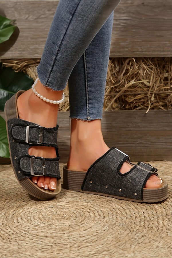 Black Double Buckle Straps Hollow Out Frayed Detial Retro Slippers