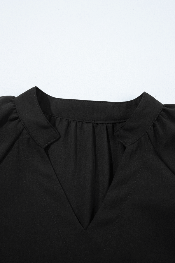 Black Bow Decor Puff Sleeve Split Neck Blouse