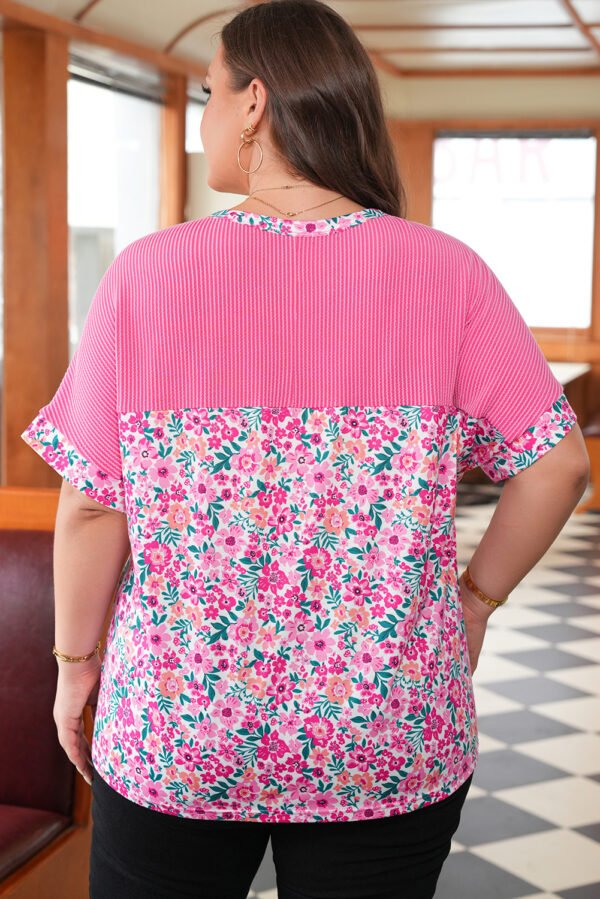Pink Plus Size Floral Print Corded Patchwork Loose Top