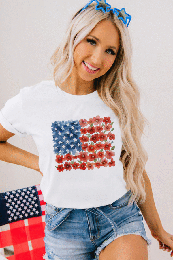 White Star Floral American Flag Printed T Shirt