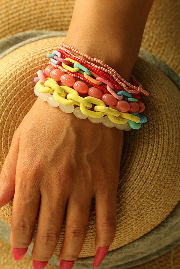 Pink Colorful Beaded Chain Link Layered Bracelet Set