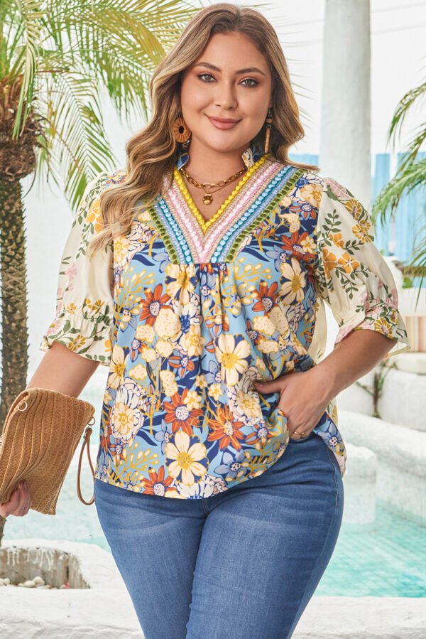 Multicolour Plus Size Floral Print Woven V Neck Half Sleeve Blouse