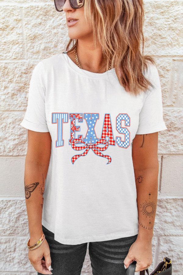 White Independence Day TEXAS Bow Printed T Shirt