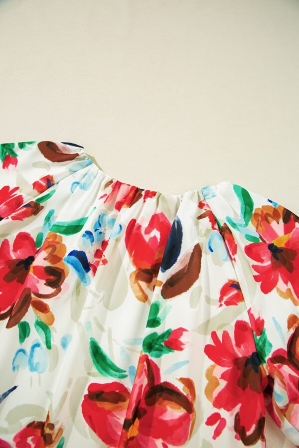 White Floral Print Puffy Half Sleeve Blouse
