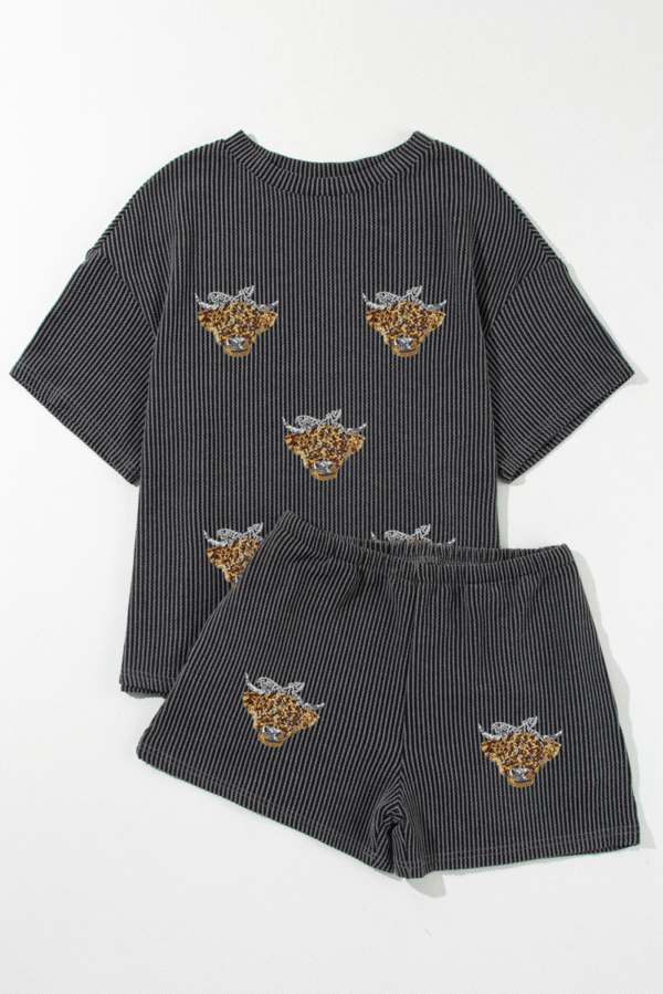 Carbon Grey Sequin Heifer Patched 2pcs Twisted Ribbed Casual Short Set
