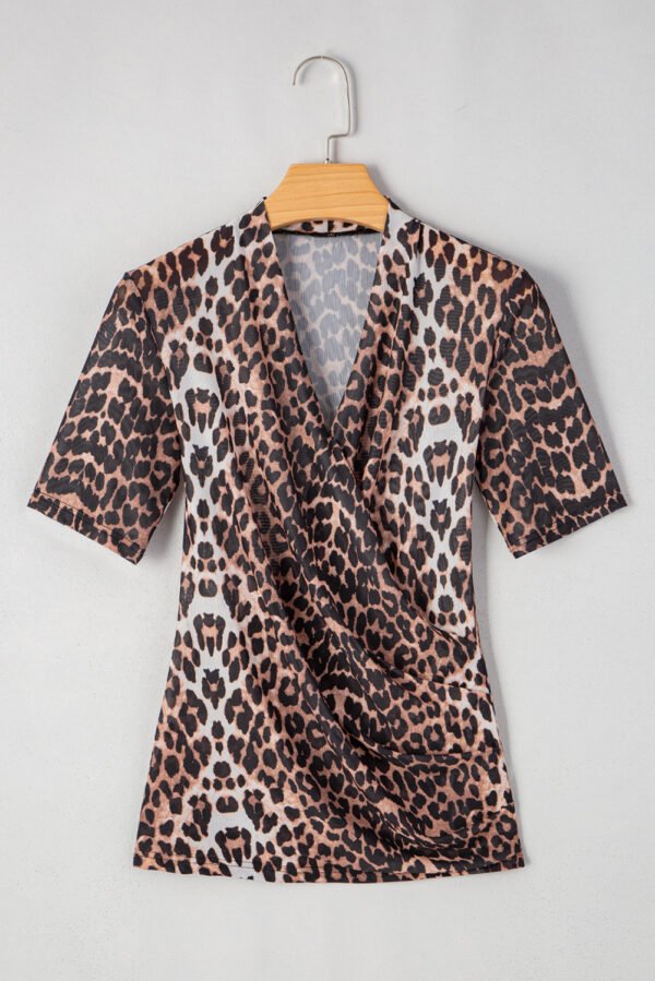 Black Leopard Wrapped V Neck Slim Short Sleeve Top