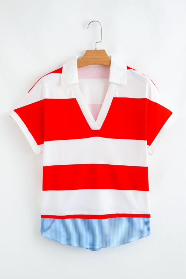 Red Stripe Collar V Neck Cuffed Dolman Short Sleeve Top